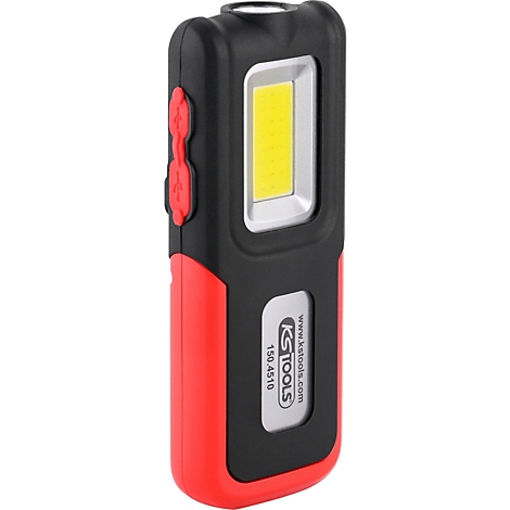 Zwarte en rode LED-werklamp met geel licht en USB-poort. De inscriptie "KS TOOLS" is te zien.
